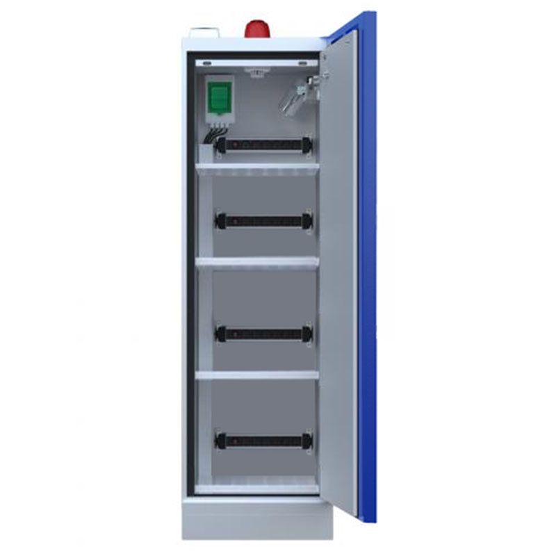 Armoire pour batterie lithium avec extincteur et alarme haute 1 porte - Larg 595 mm ouverte