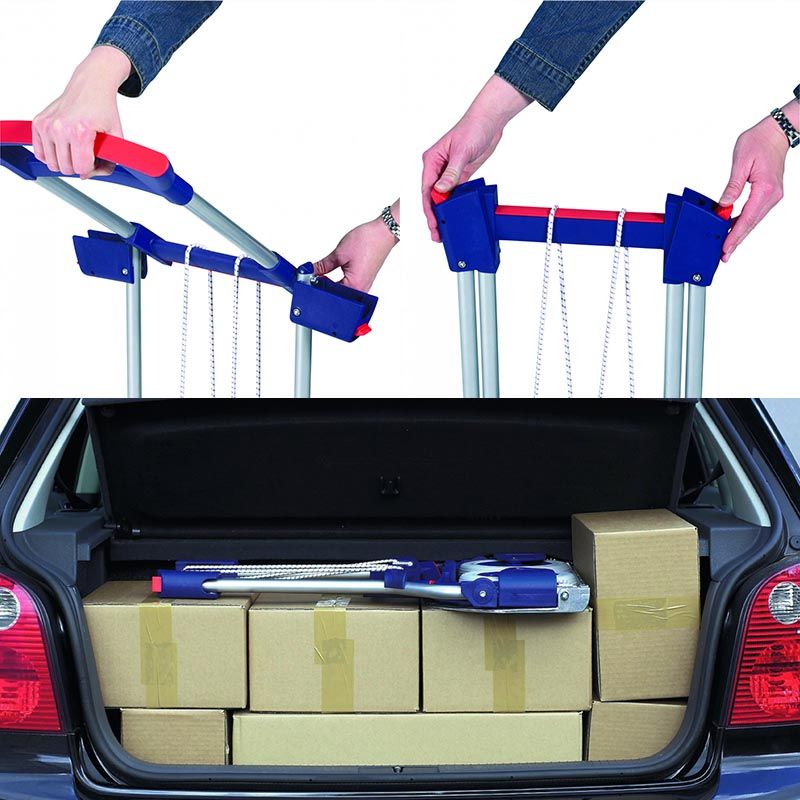 Diable de manutention pliable dans le coffre d'une voiture