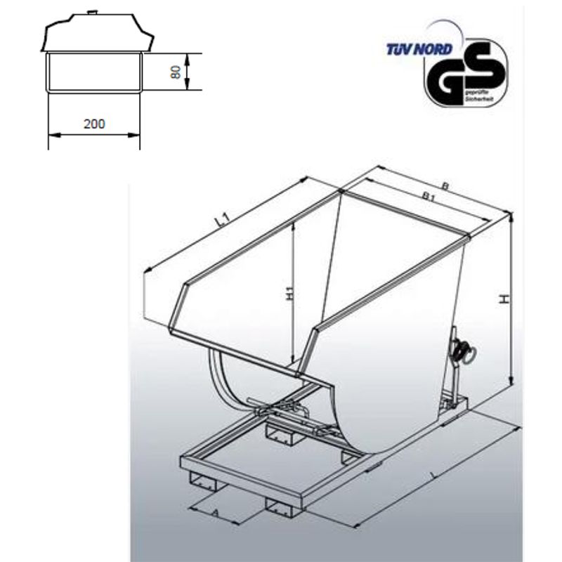 Benne basculante grand volume avec angle de basculement dérouleur schéma