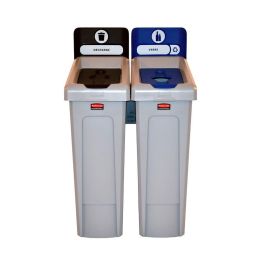 Station de recyclage Slim Jim 2 flux avec couvercle fermé noir et couvercle bouteille bleu.