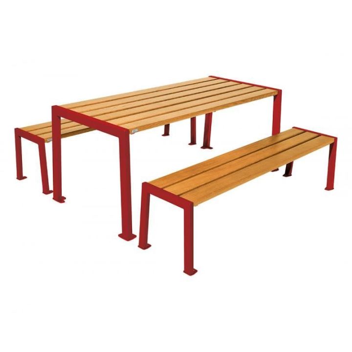Table de pique-nique Silaos® rouge RAL 3004 chêne clair