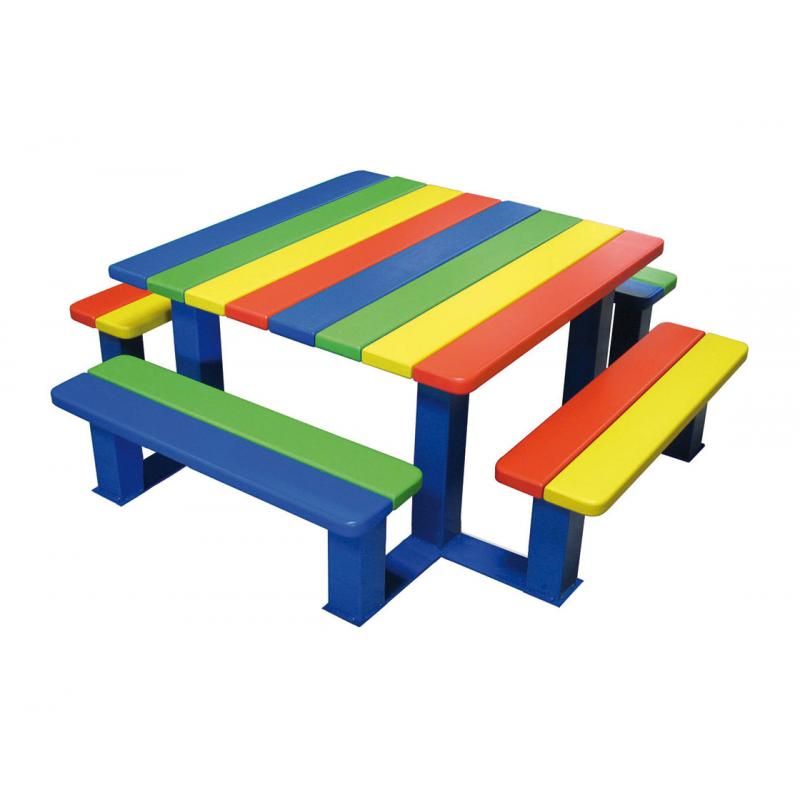 Table de pique-nique pour enfants en lames de bois exotique multicolore