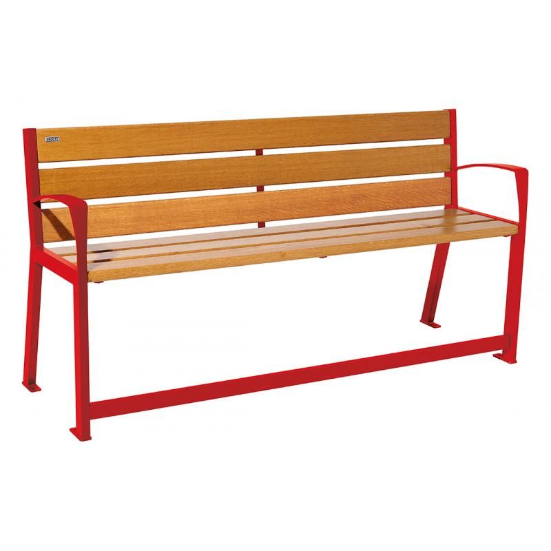 Banc Silaos® sénior rouge RAL 3020 finition chêne clair 1800 mm