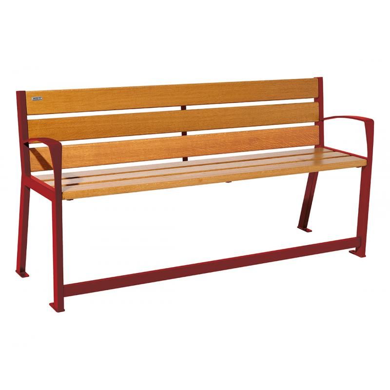 Banc Silaos® sénior rouge RAL 3004 finition chêne clair 1800 mm